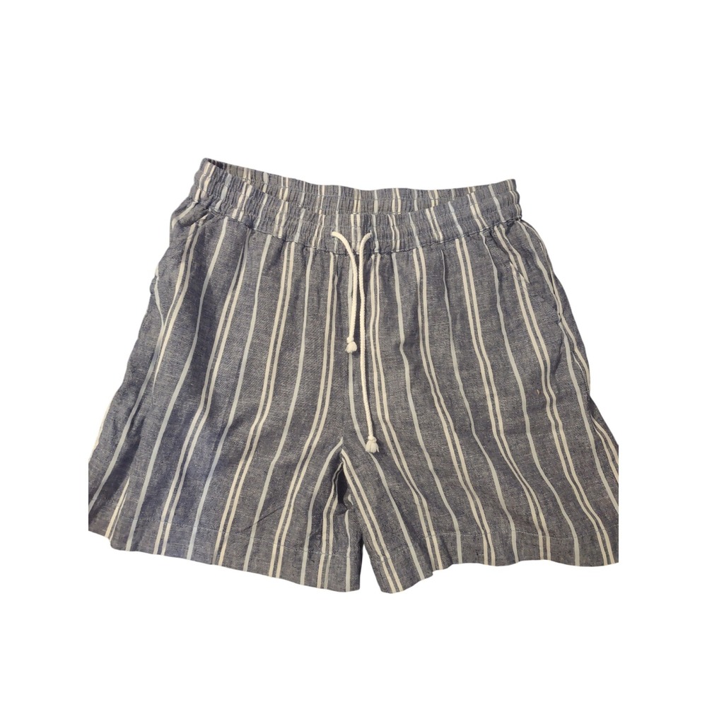 Beachlunchlounge Striped Linen Blend Shorts Blue White Drawstring Womens Small
